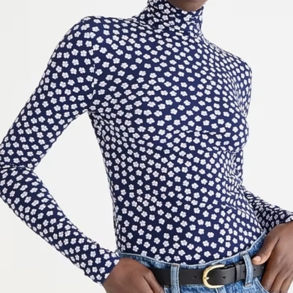 J.Crew Floral Long Sleeve Turtleneck Top Blue Long Sleeve Medium Preppy Classic